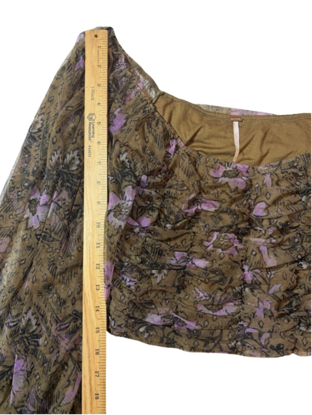 Free People Floral Mesh Ruched Puff Sleeve Crop Top XL Fairy Boho Blouse - Picture 6 of 7